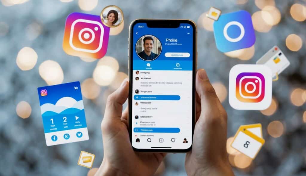 Uma tela de smartphone exibindo um perfil com uma lista de visitantes, cercada por ícones e notificações do Instagram