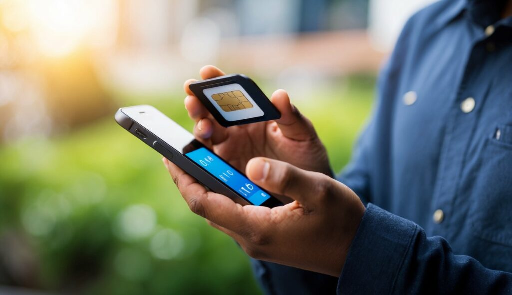 Uma pessoa segurando um smartphone com um cartão SIM inserido, olhando para a tela com uma expressão curiosa. A bandeja do cartão SIM está parcialmente ejetada do telefone.