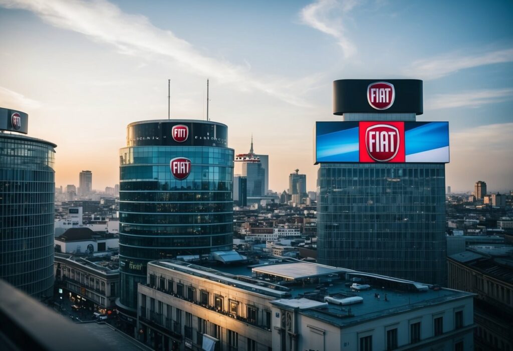 Prédios com logos da Fiat ao entardecer na cidade