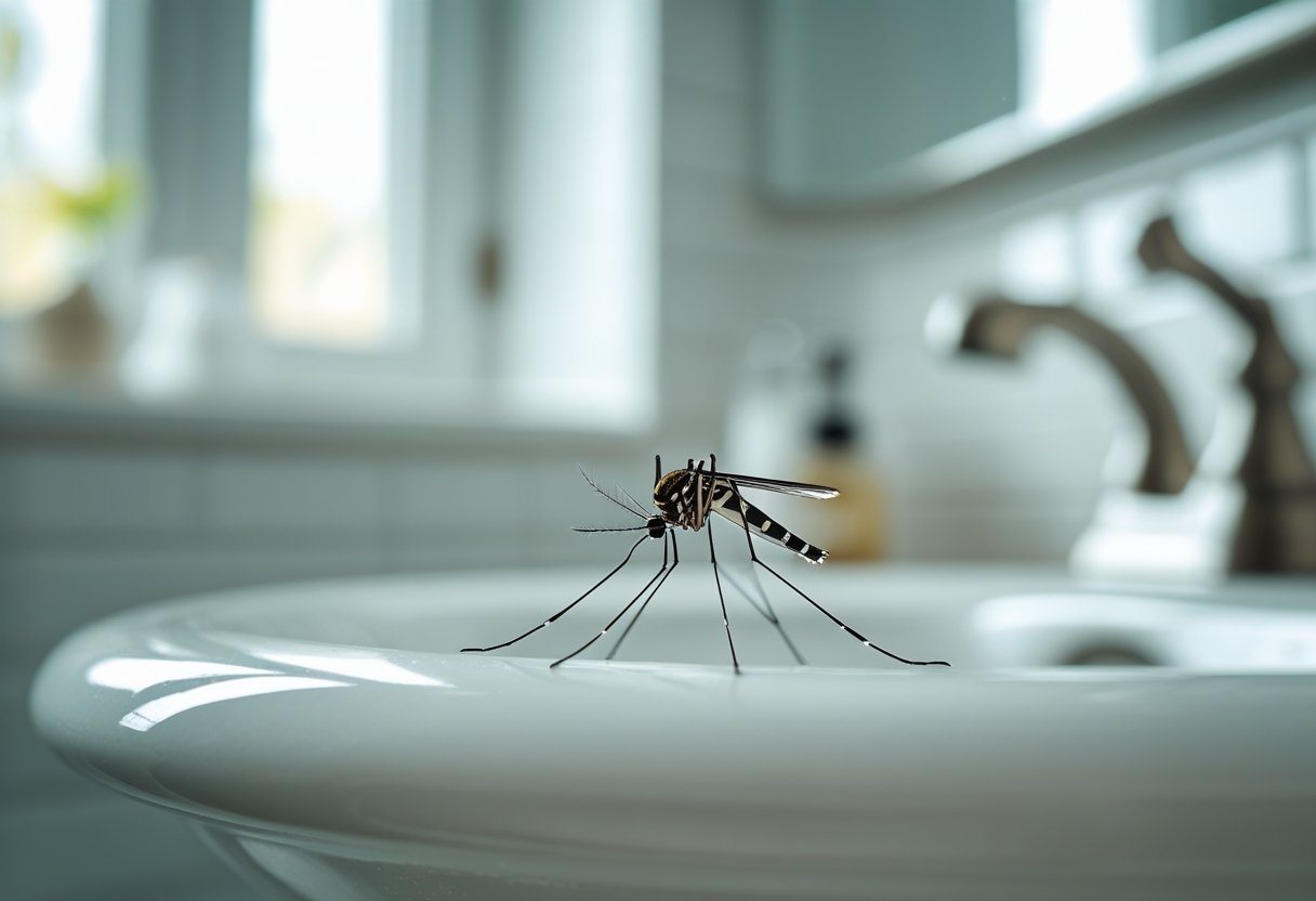 Um mosquito pequeno pousado na borda de uma pia branca de banheiro, com azulejos brancos ao fundo.