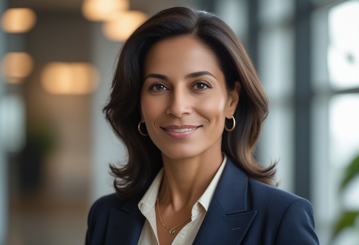 Retrato de uma mulher brasileira confiante e elegante, com cabelo escuro e sorriso gentil, em um ambiente profissional com luz natural.