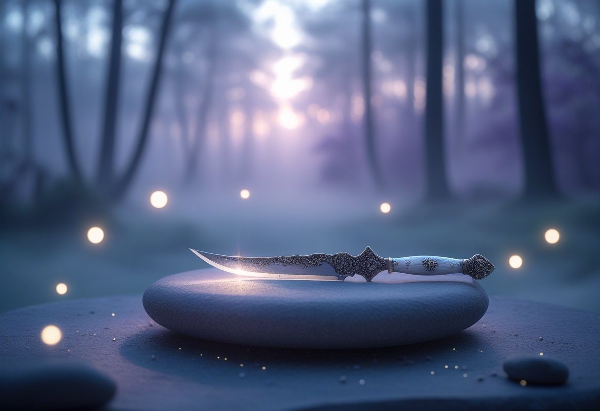 Uma faca ornamentada repousa sobre uma pedra em um altar, cercada por luz suave e orbes brilhantes em uma floresta enevoada ao entardecer.