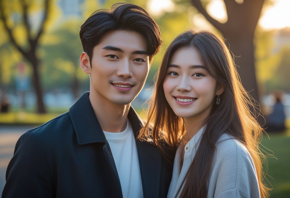 Um casal jovem sorrindo e abraçado em um parque urbano durante o pôr do sol.