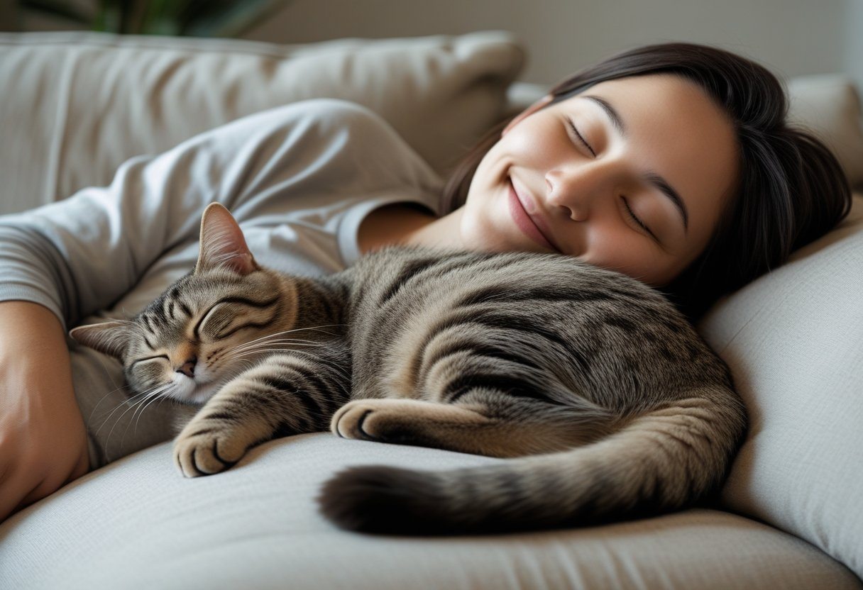 Pessoa deitada com um gato dormindo em seu peito em um ambiente aconchegante.