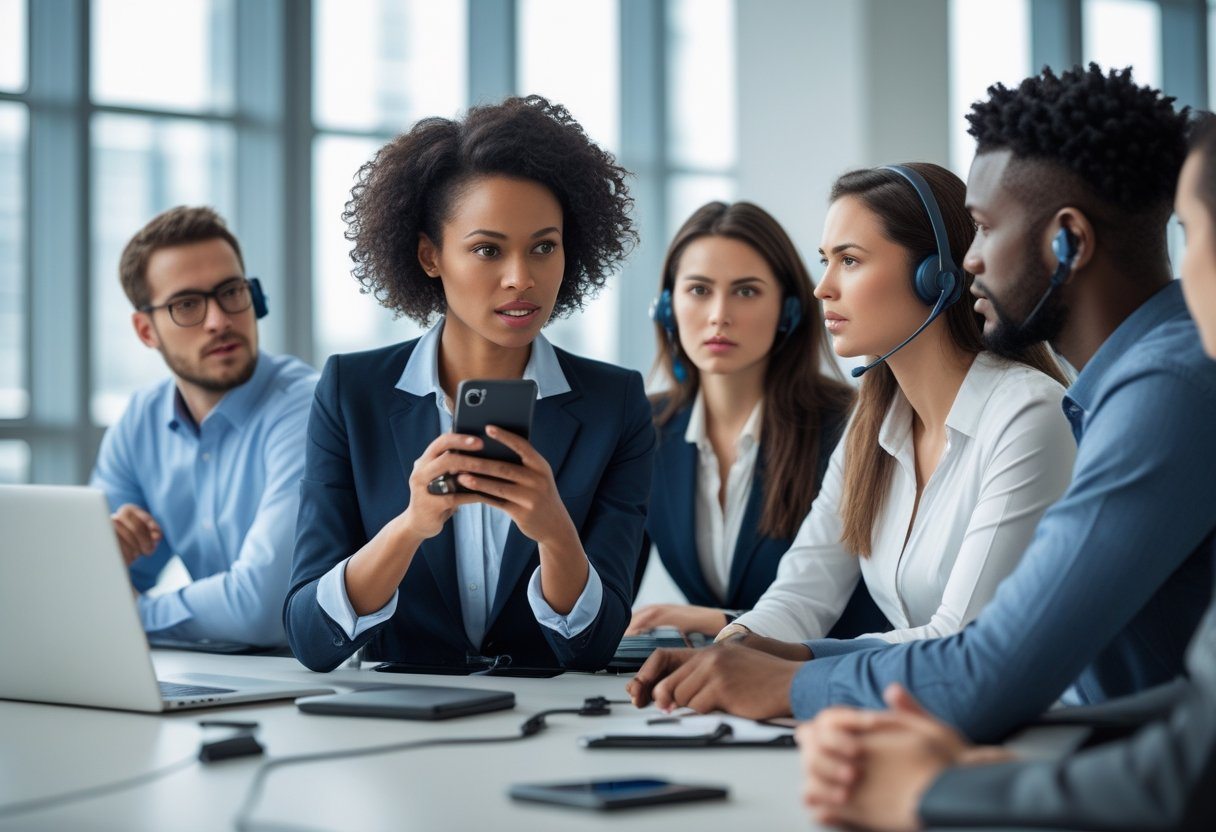 Grupo de profissionais em escritório moderno, com uma mulher segurando um celular como se gravasse uma mensagem de voz, enquanto colegas escutam atentamente.