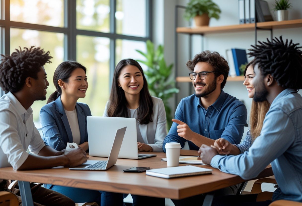 Grupo de jovens adultos conversando em um escritório moderno, sentados ao redor de uma mesa com laptops e cadernos.
