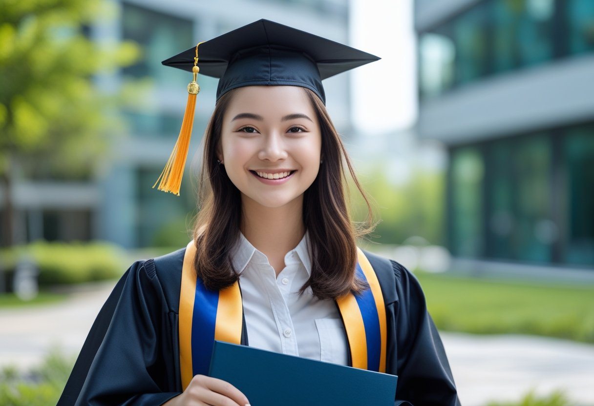 Jovem mulher sorrindo com beca e capelo segurando um diploma ao ar livre em um campus universitário.
