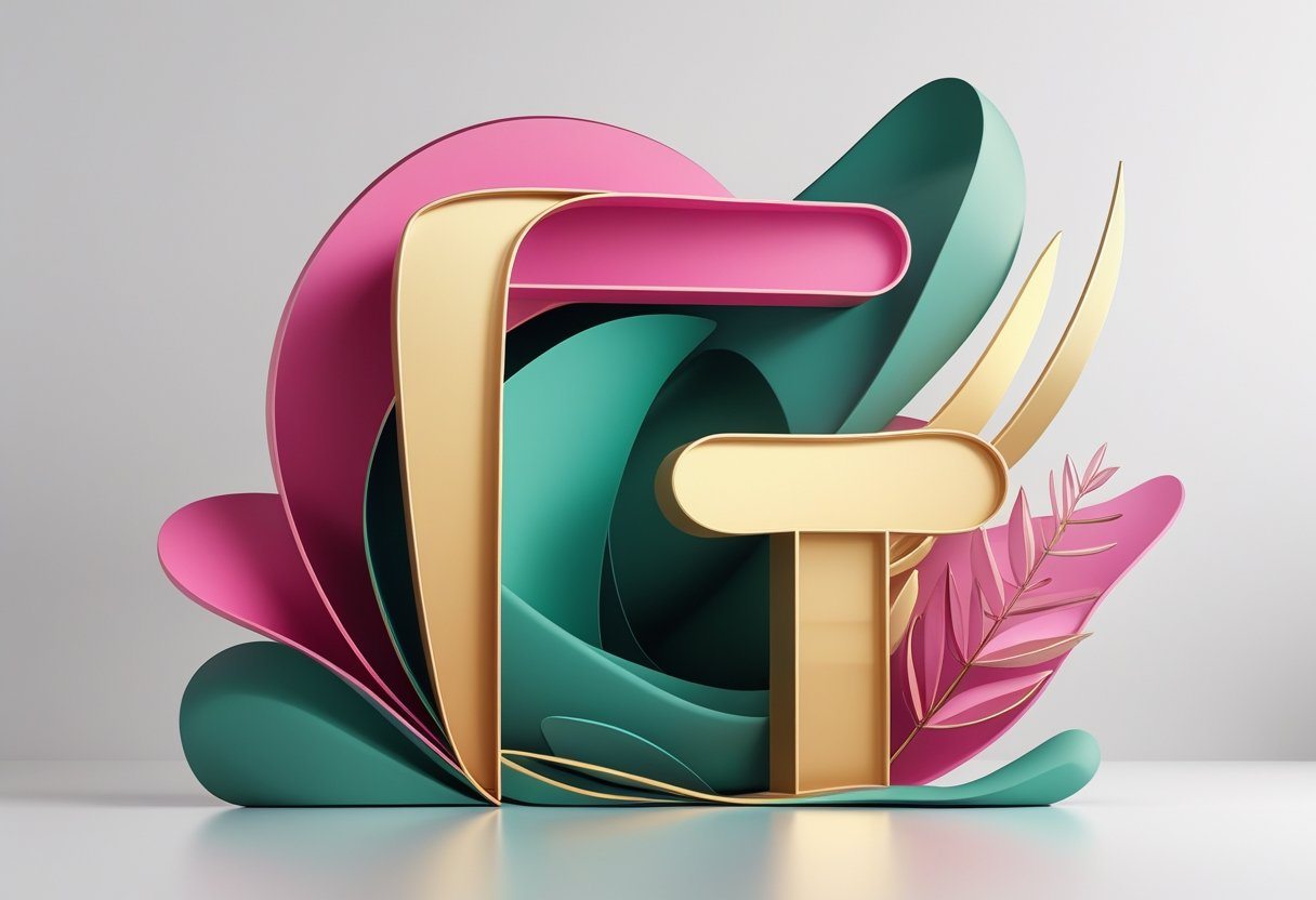 Ilustração abstrata com formas fluídas e cores vibrantes em tons de fúcsia, verde e dourado, sugerindo a letra F de forma estilizada.