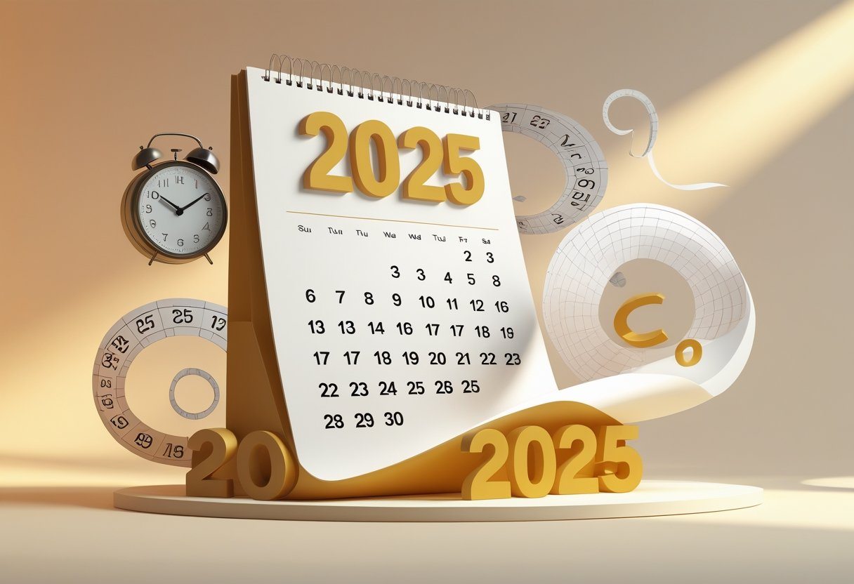 Ilustração mostrando um calendário grande com o ano 2025 destacado, rodeado por elementos que representam a passagem do tempo, como um relógio analógico e números flutuantes que simbolizam os dias do ano.