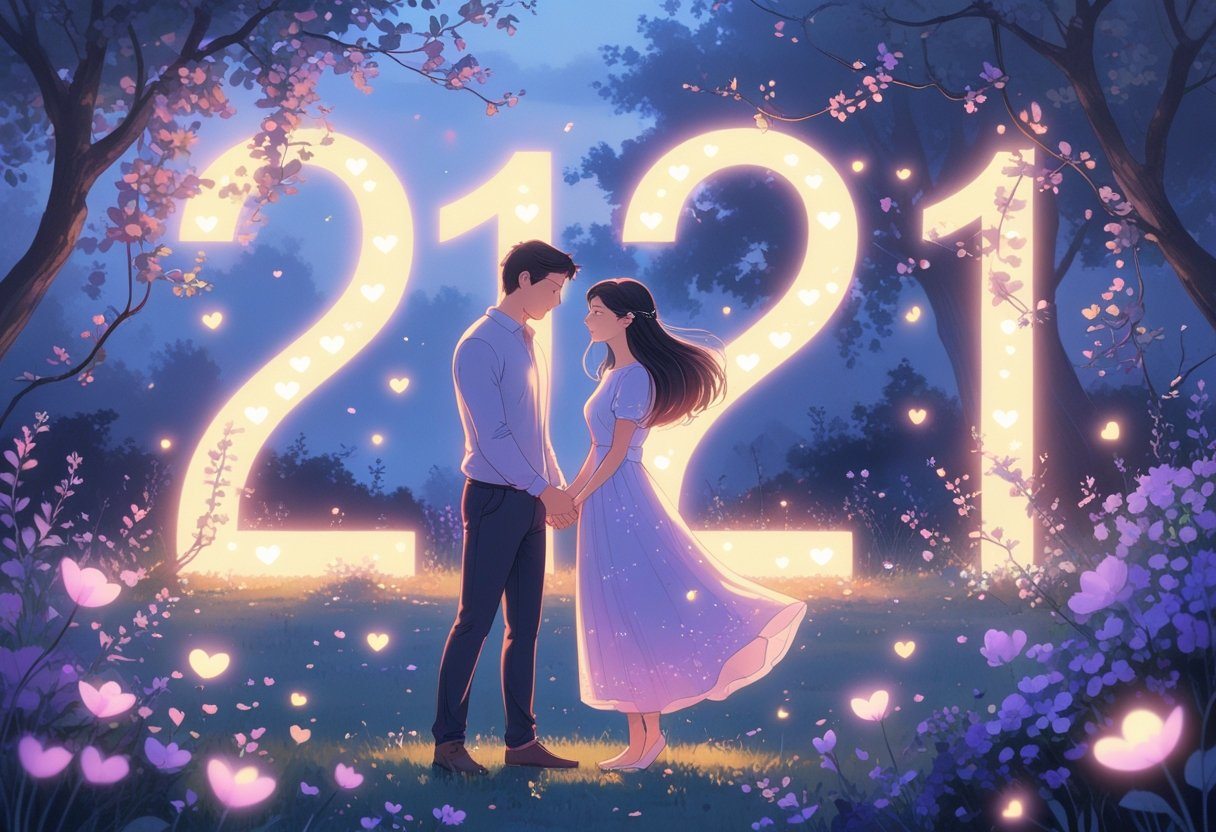 Casal de mãos dadas em um jardim tranquilo ao entardecer, rodeado por flores e luzes suaves formando o número 2121 ao fundo, transmitindo uma sensação de amor e conexão.