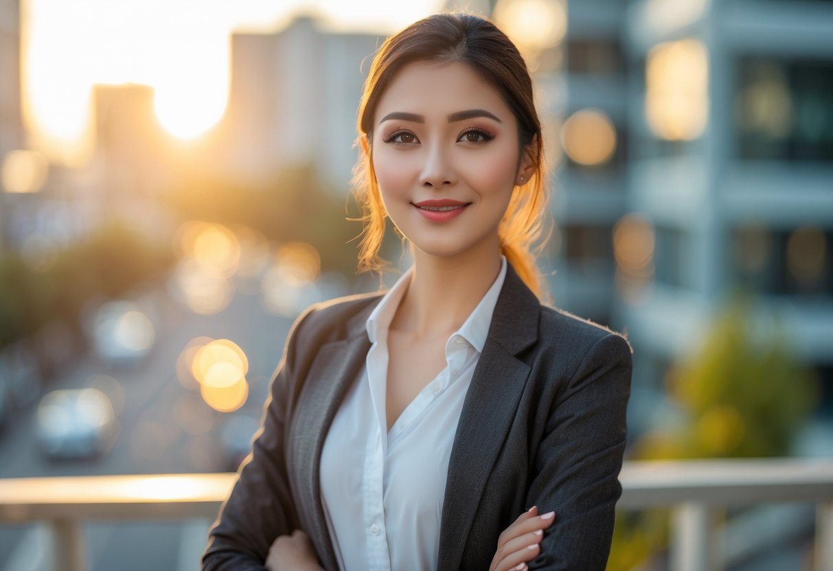 Uma jovem mulher em pé, confiante, em um ambiente urbano ao pôr do sol.