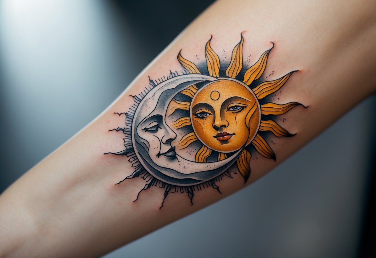 Tatuagem no antebraço mostrando o sol e a lua entrelaçados, com detalhes claros e sombreados.