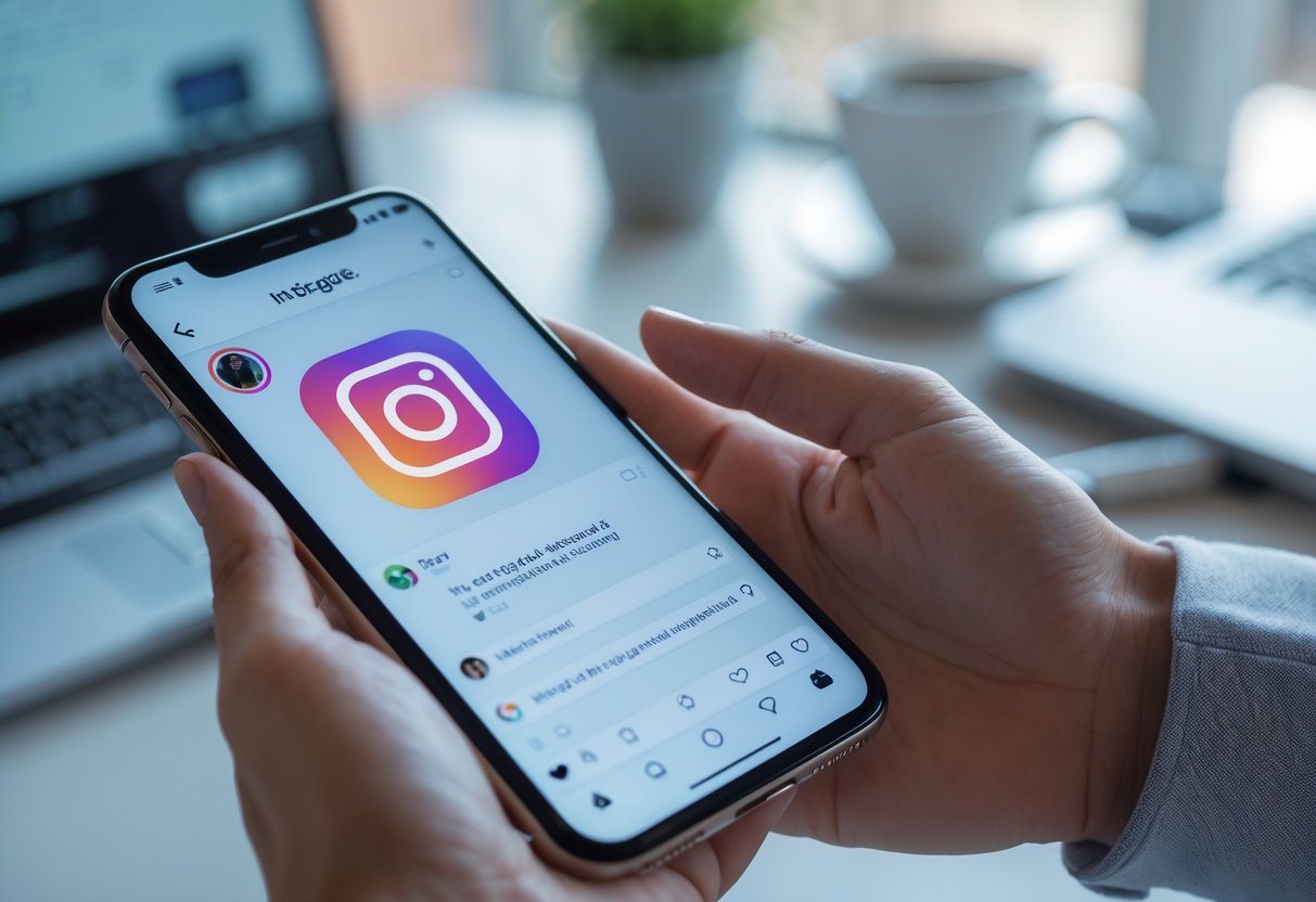 Pessoa segurando um smartphone mostrando a tela do Instagram com foco na seção de mensagens diretas, em um ambiente interno com mesa e laptop ao fundo.