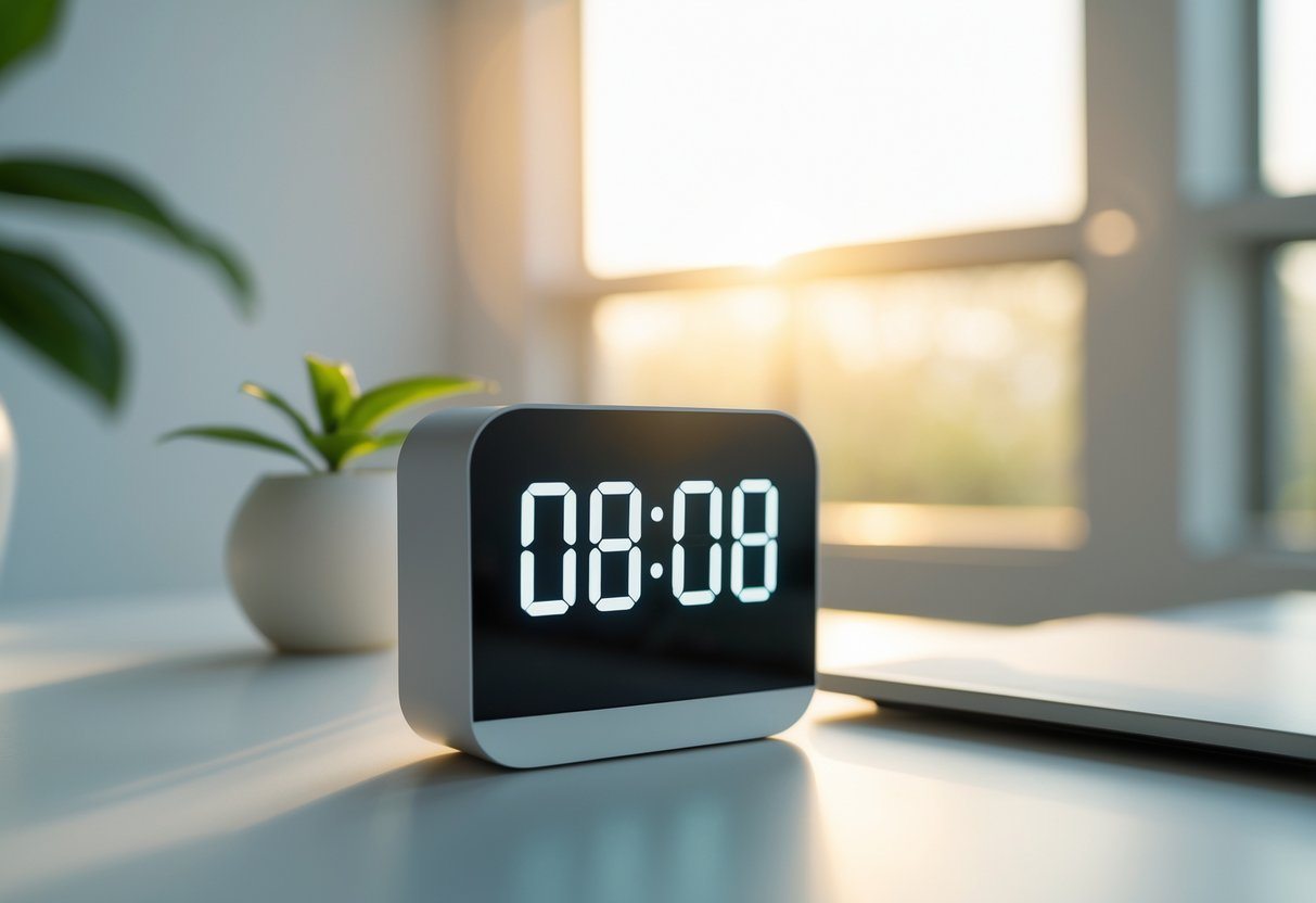 Relógio digital mostrando 08:08 em um ambiente tranquilo com luz natural, planta verde e espaço de trabalho organizado.