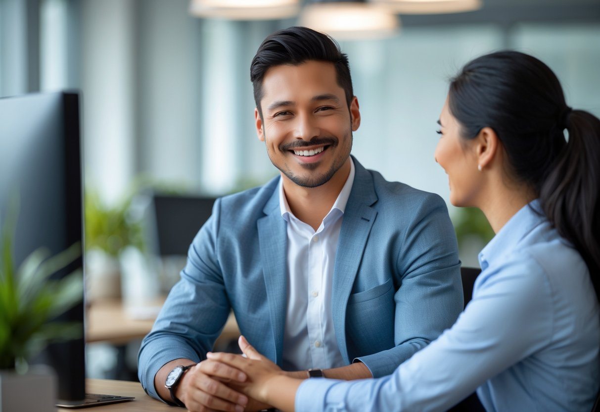 Homem sorridente recebendo um elogio de um colega em um escritório moderno.