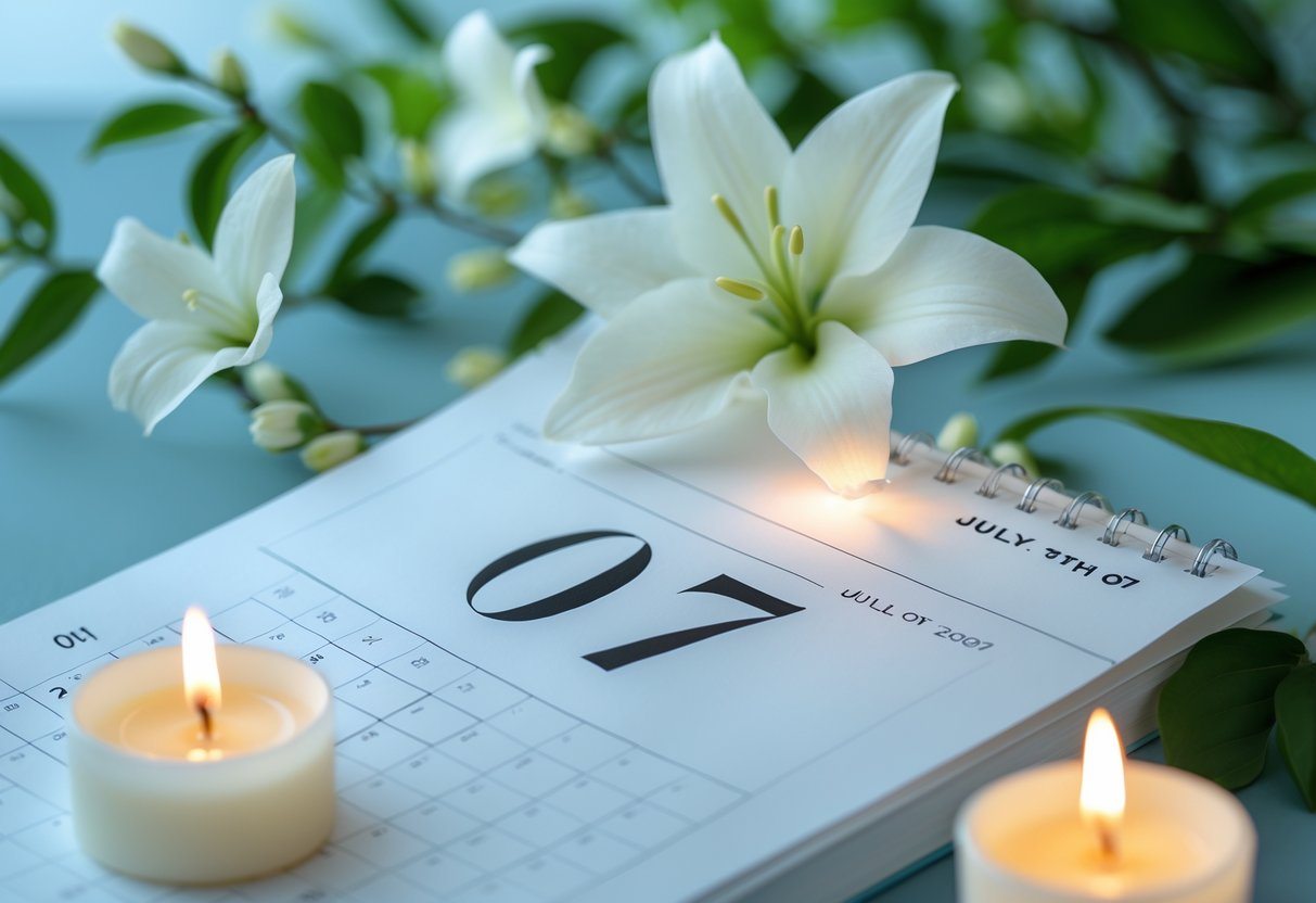 Página de calendário mostrando o dia sete de julho, cercada por velas acesas e uma flor branca, com fundo de plantas verdes desfocadas.