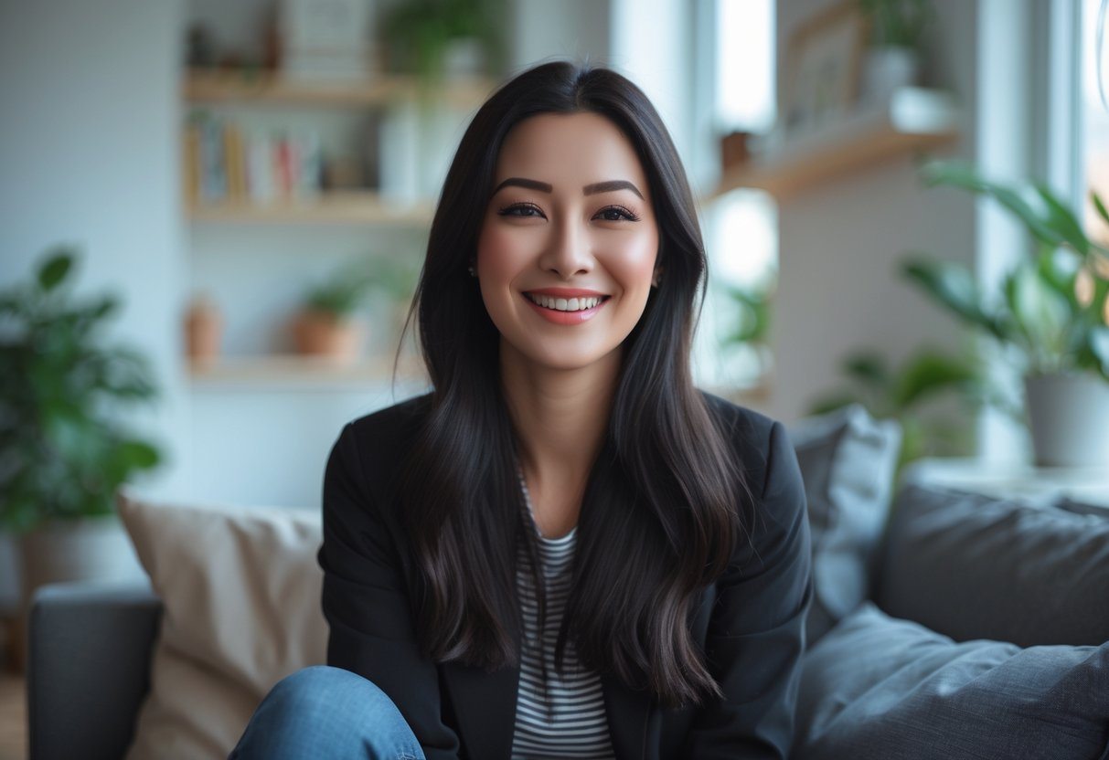 Mulher jovem sorridente sentada em um ambiente interno moderno e acolhedor.