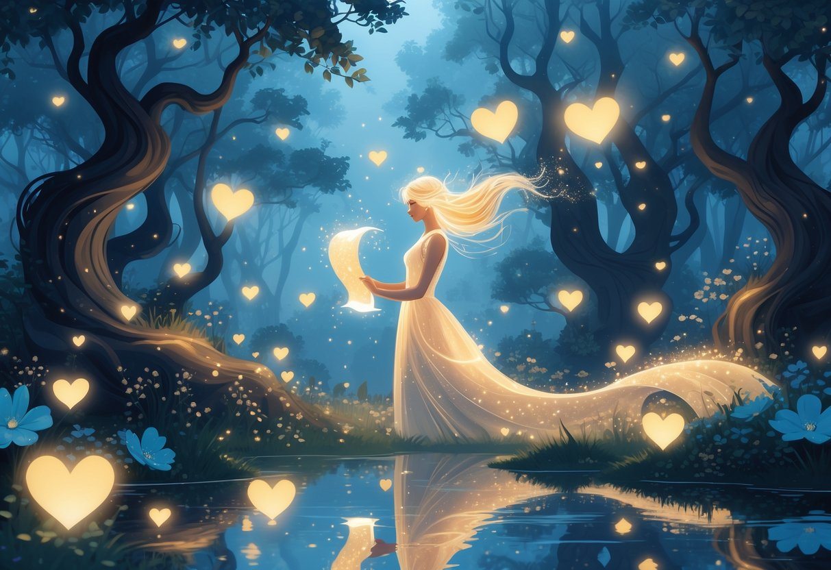 Uma figura feminina luminosa segurando uma mensagem brilhante em uma floresta mágica ao entardecer, cercada por símbolos flutuantes de afeto e luz suave.