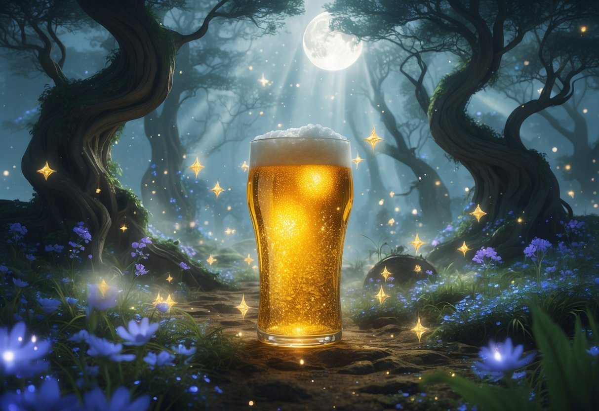 Um copo translúcido de cerveja dourada brilhando em uma clareira de floresta mágica à noite, cercado por cristais de açúcar flutuantes e flores luminosas.