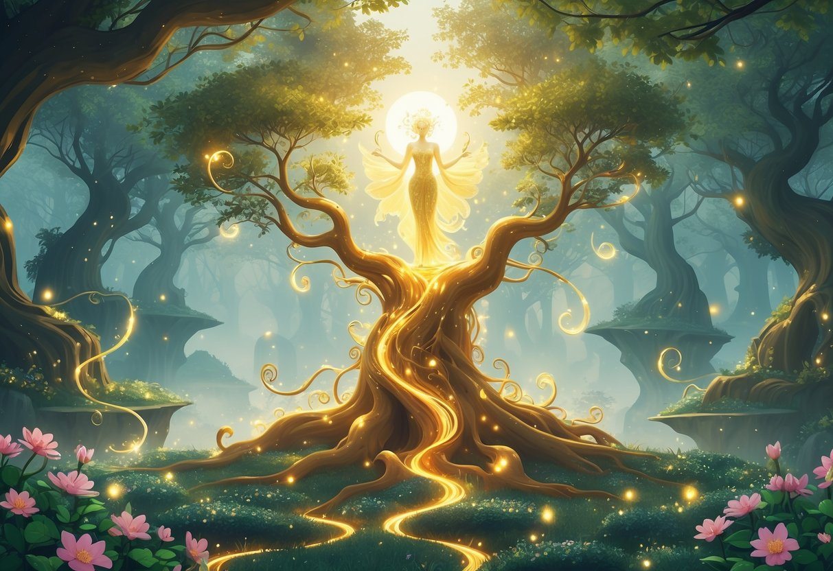Uma figura radiante em uma árvore antiga cercada por plantas mágicas e luz suave em uma floresta encantada ao amanhecer.