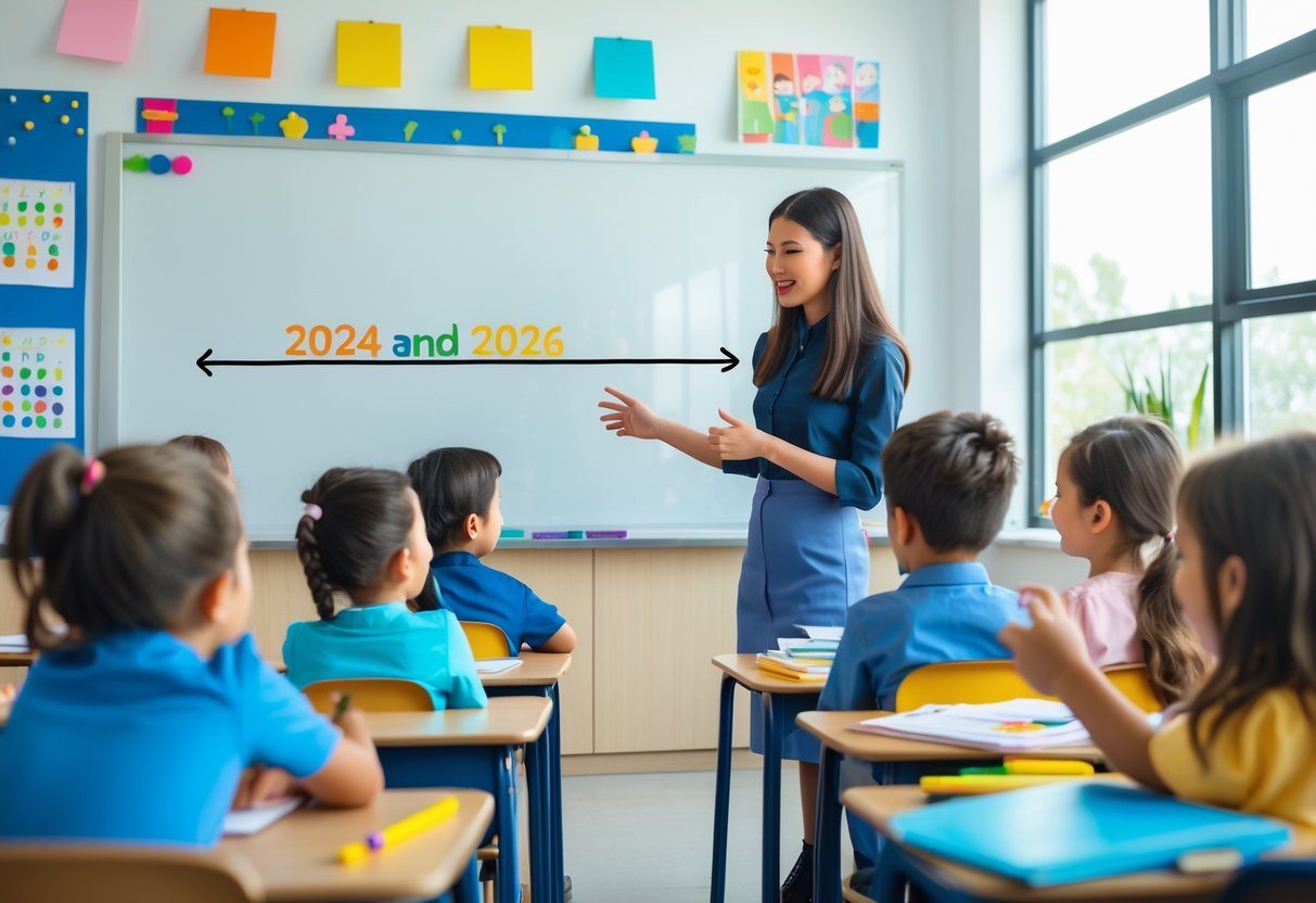Professora explicando uma linha do tempo para crianças em uma sala de aula iluminada e decorada.
