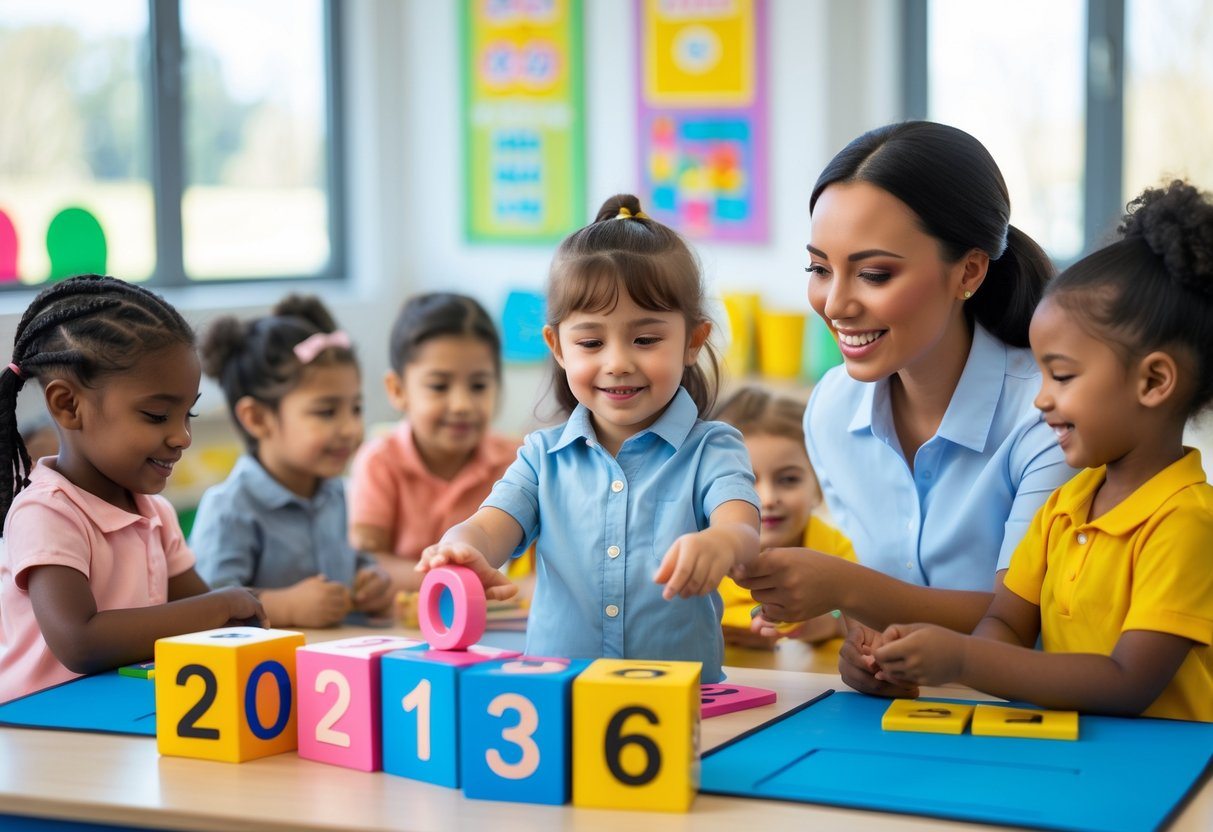 Crianças pequenas brincando com blocos de números em uma sala de aula com uma professora sorridente.