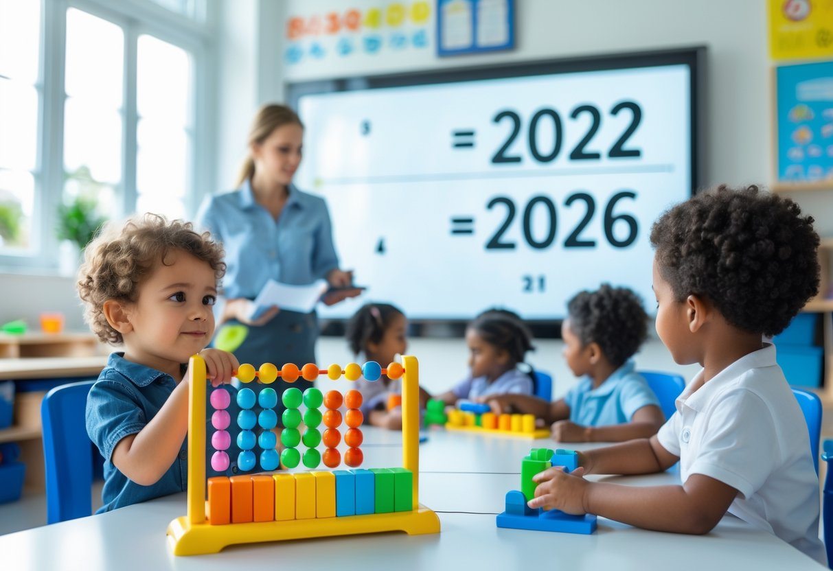 Criança pequena segurando blocos coloridos em uma sala de aula com professor e outras crianças ao fundo, ambiente de aprendizado e matemática.