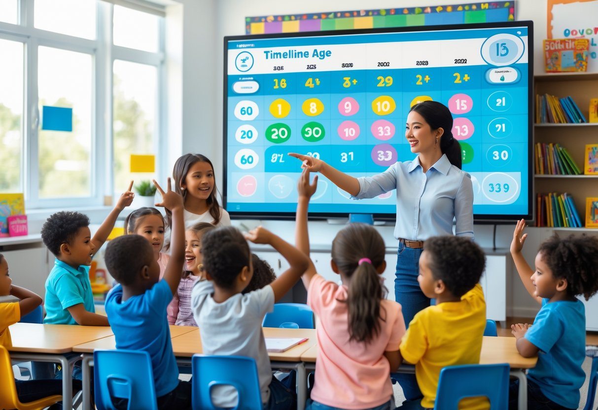 Crianças em sala de aula participando de uma aula de matemática com professora apontando para tela digital mostrando números e uma linha do tempo.