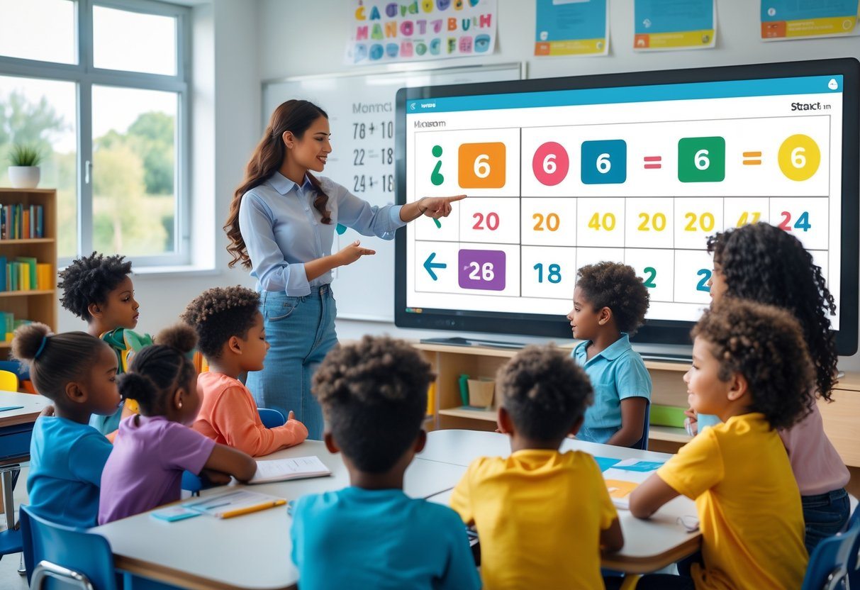 Sala de aula com professora e crianças aprendendo matemática, focando na idade de uma criança nascida em 2020.