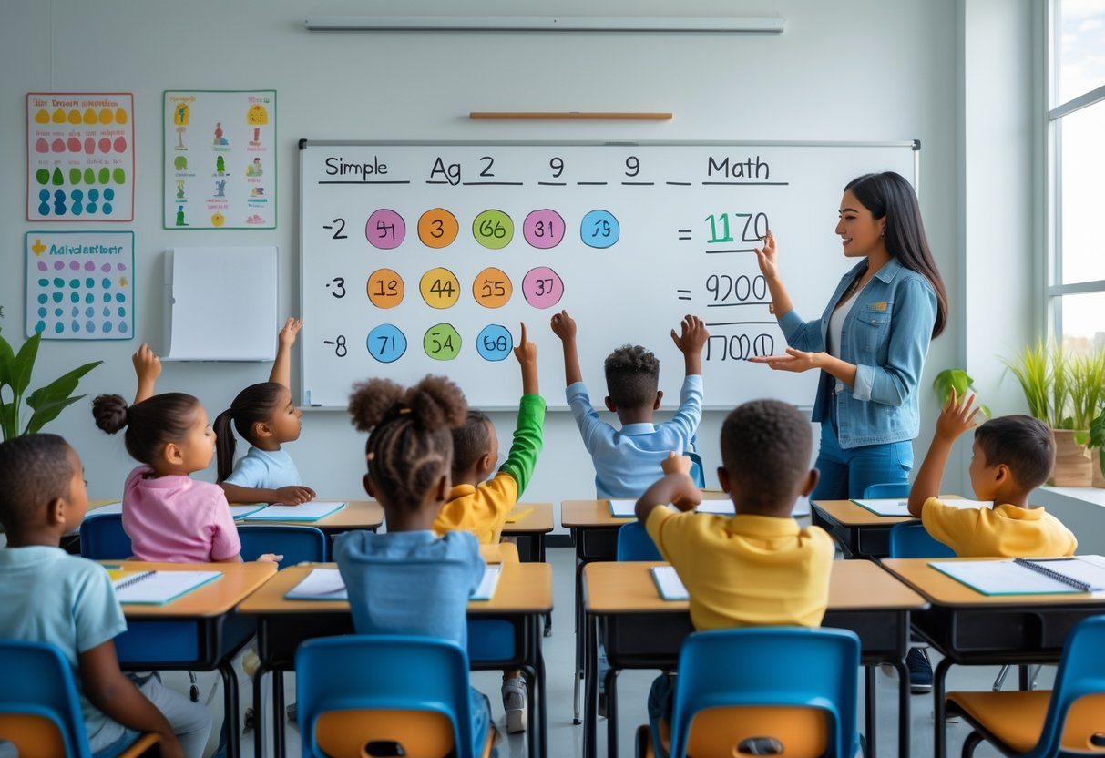 Sala de aula com crianças e professora aprendendo matemática, com a professora explicando um problema de cálculo de idade.