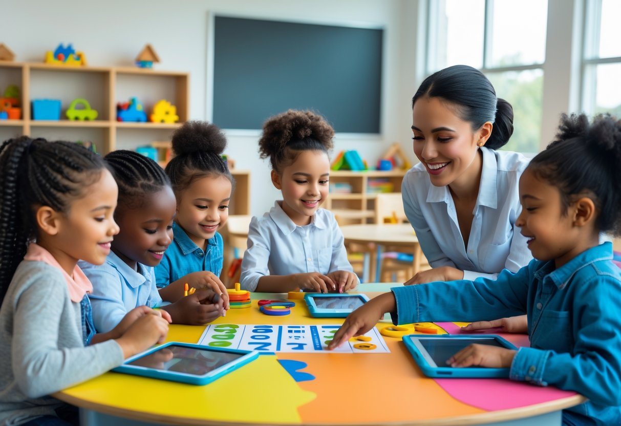 Crianças em uma sala de aula interagindo com uma professora durante atividade educativa.