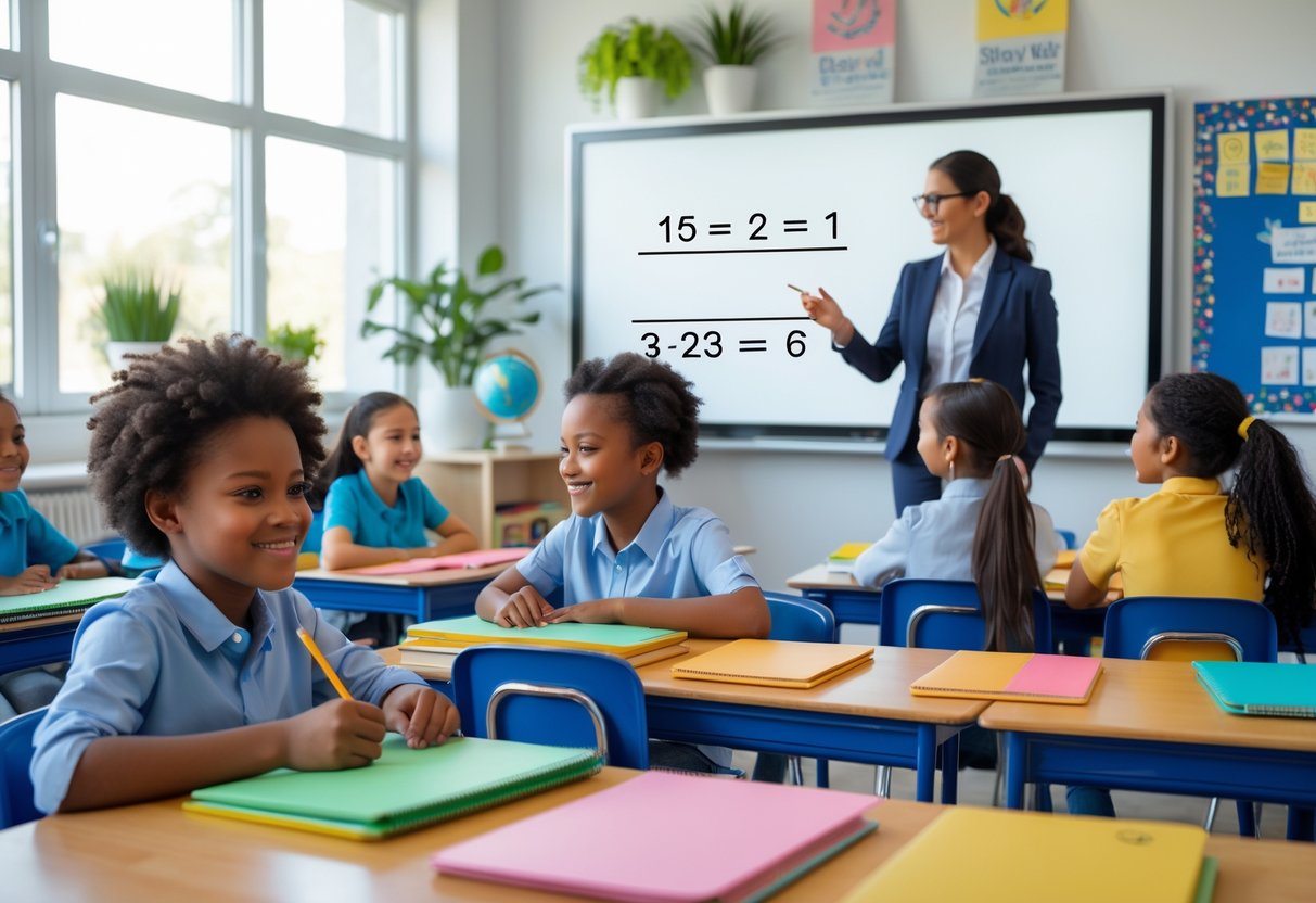 Crianças de aproximadamente 11 anos sentadas em uma sala de aula moderna, com professora ao lado de um quadro digital, em ambiente iluminado e decorado.