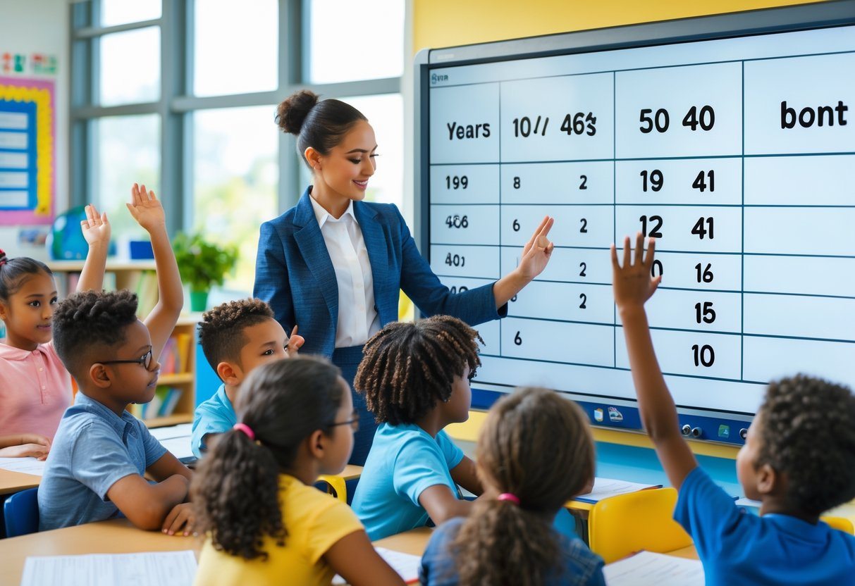 Sala de aula com crianças e professora aprendendo matemática, com quadro interativo ao fundo.