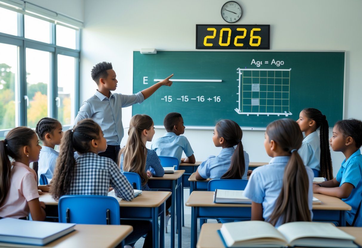 Crianças em uma sala de aula, com um professor apontando para um quadro, em um ambiente de aprendizado.