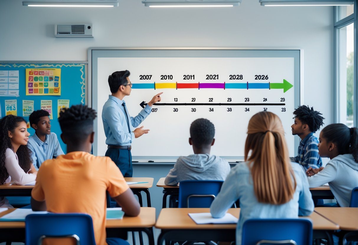 Sala de aula com professor e alunos aprendendo matemática usando um quadro digital que mostra uma linha do tempo dos anos de 2007 a 2026.