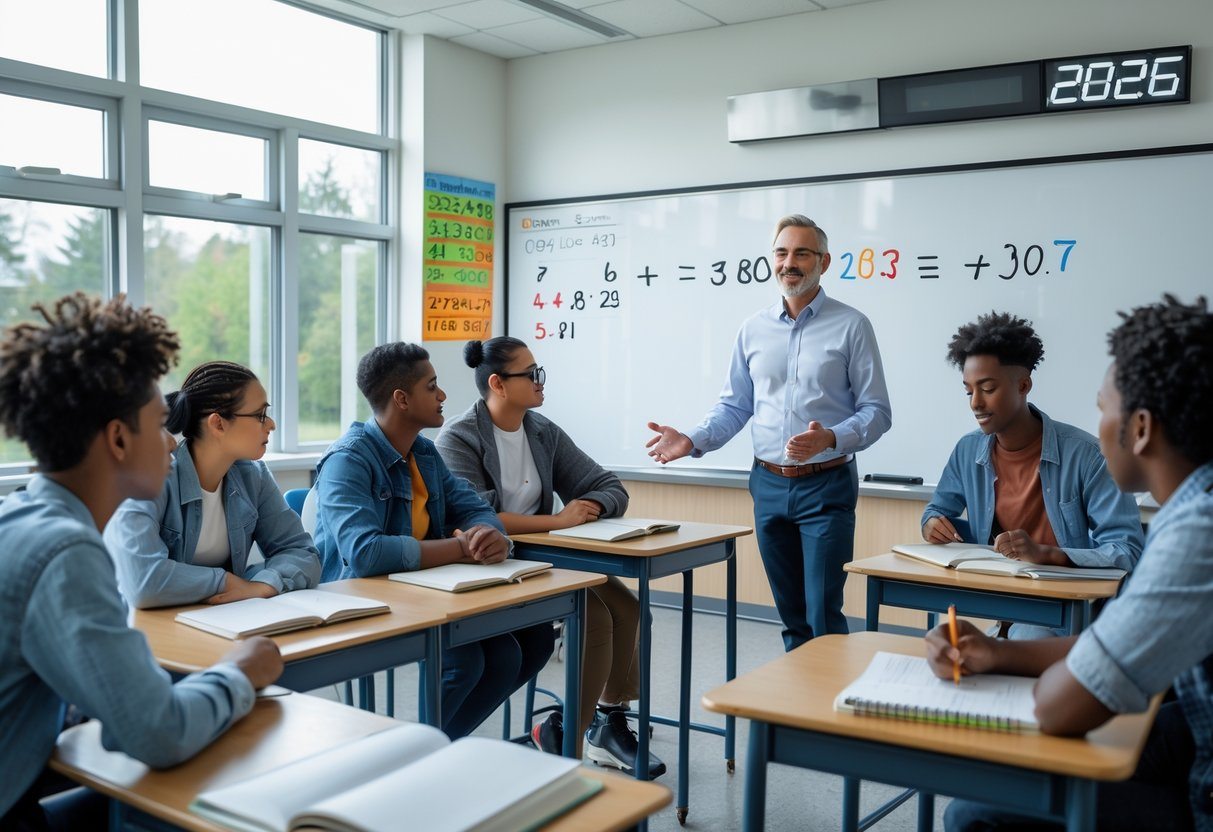 Sala de aula com estudantes e professor resolvendo um problema de matemática sobre idade em 2026.