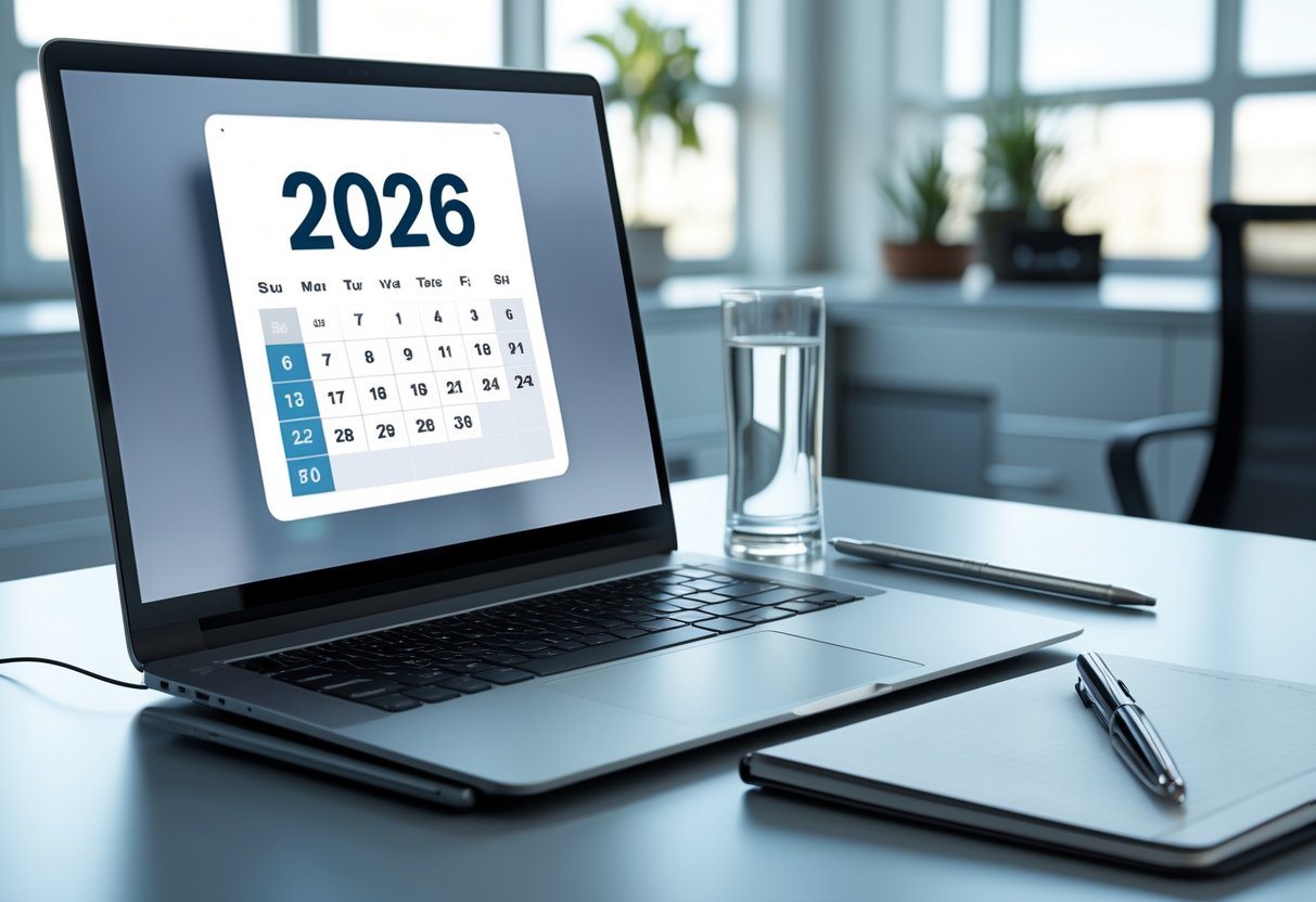 Ambiente de escritório moderno com laptop aberto mostrando calendário digital do ano 2026, acompanhado de um copo de água e um caderno com caneta.