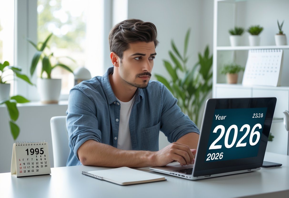 Um homem jovem sentado em uma mesa olhando para um calendário e um laptop, pensando na idade de alguém nascido em 1995 no ano de 2026.