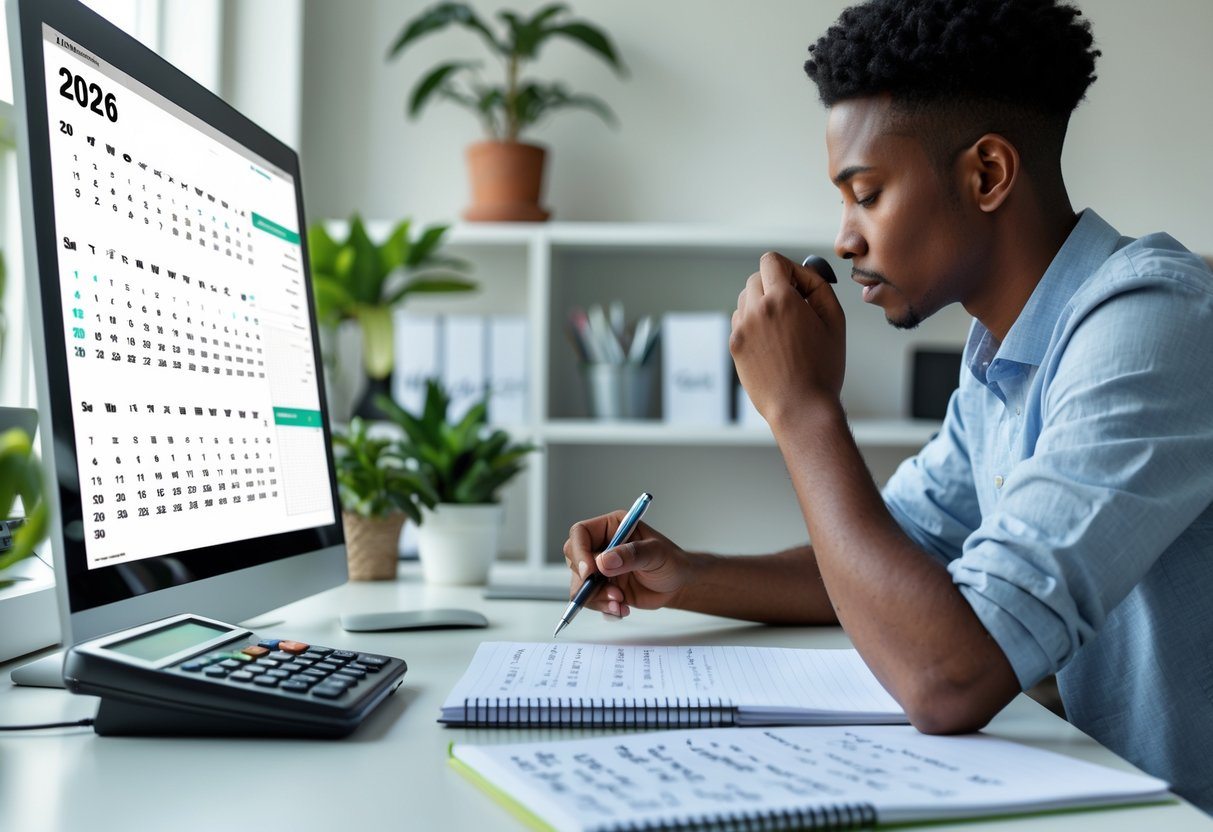 Pessoa calculando idade em uma mesa de escritório com calendário aberto no ano de 2026 e calculadora.