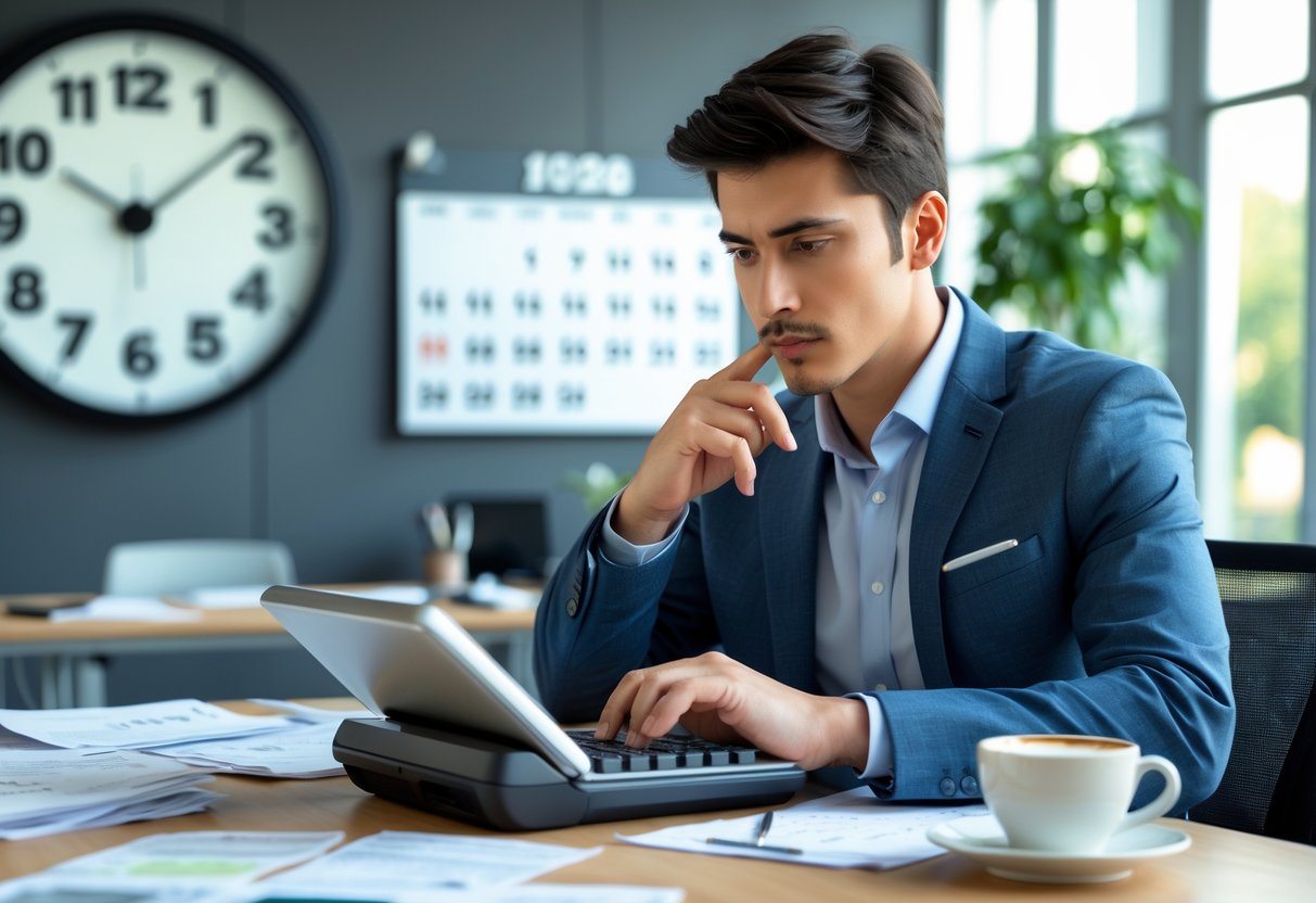 Um homem jovem em um escritório moderno calculando algo em uma calculadora, com uma mesa organizada e uma janela iluminada ao fundo.