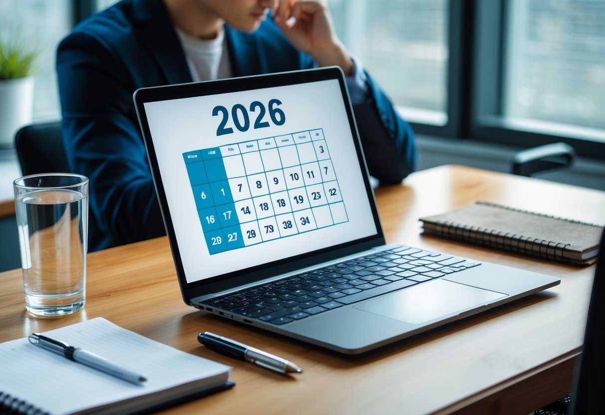 Pessoa jovem olhando para um laptop em uma mesa organizada com um calendário digital aberto no ano de 2026.