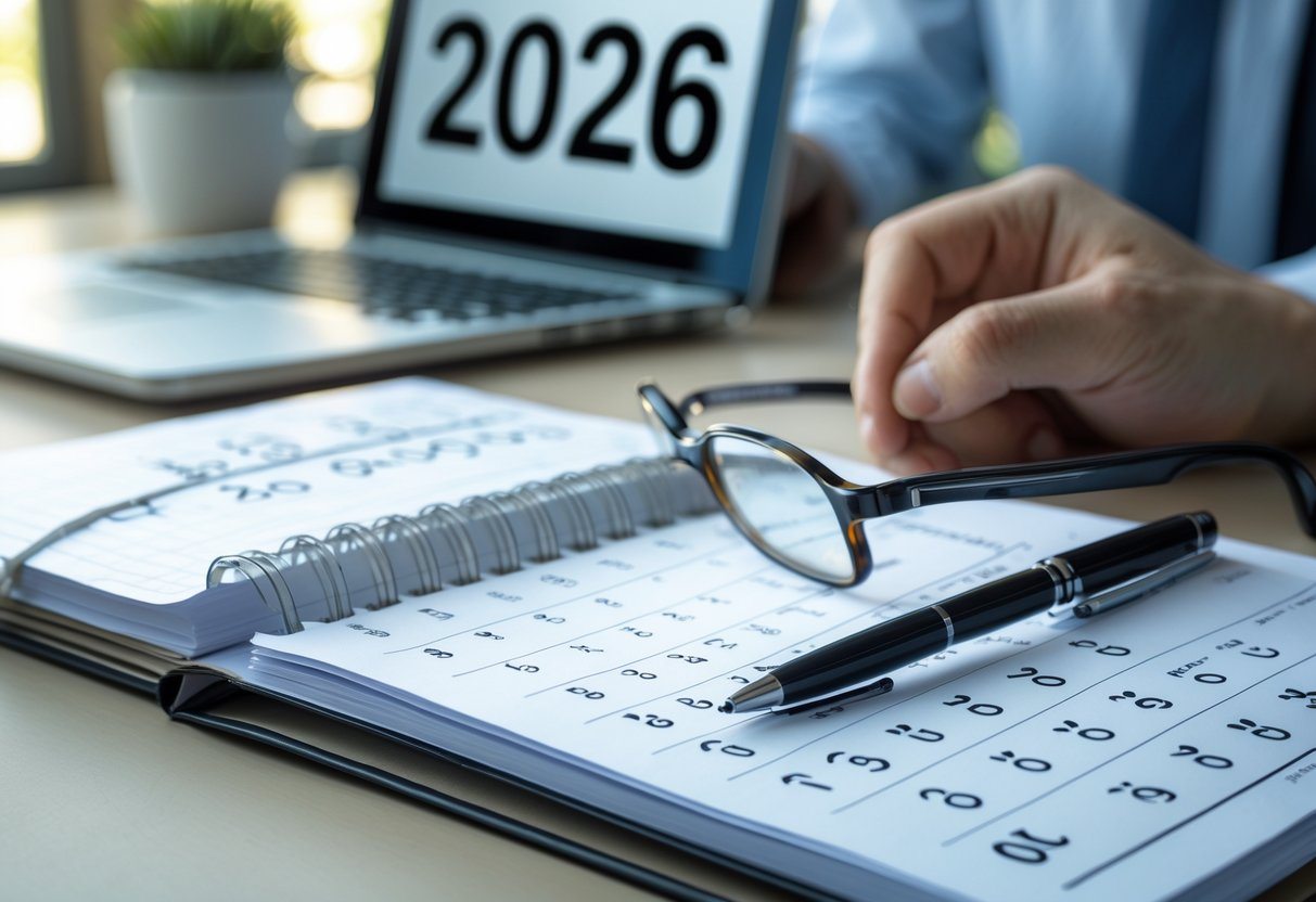 Mesa de trabalho com calendário aberto no ano de 2026, laptop, óculos e caneta, com uma mão apontando para o calendário.