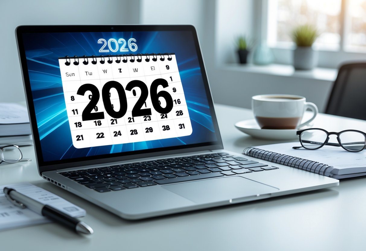 Mesa de trabalho com laptop mostrando calendário digital de 2026, caderno com cálculos e caneta, em um ambiente de escritório iluminado.