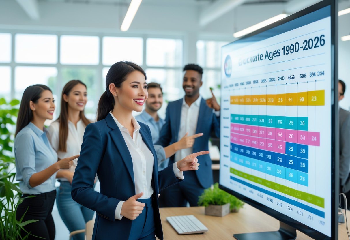 Grupo de jovens adultos em um escritório moderno discutindo e apontando para uma tela digital com um gráfico de linha do tempo de 1990 a 2026.