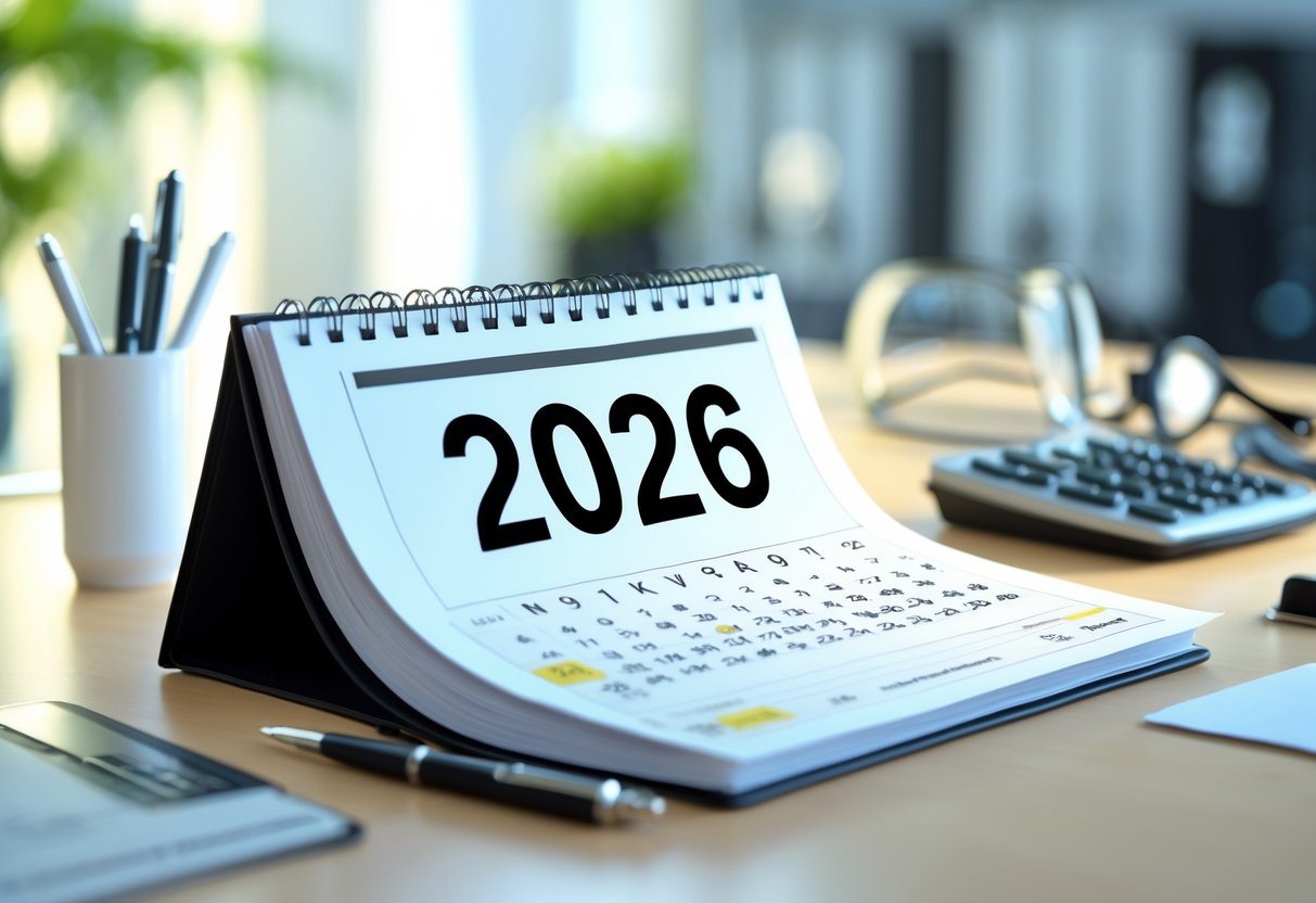 Mesa de escritório organizada com um calendário aberto no ano de 2026, uma calculadora, uma caneta e óculos sobre a mesa.