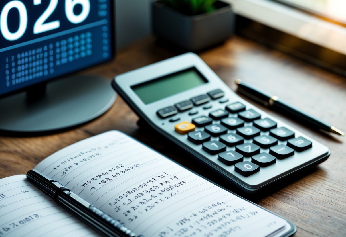 Mesa de escritório com calculadora, caderno aberto com anotações e caneta, mostrando um ambiente de cálculo e planejamento.
